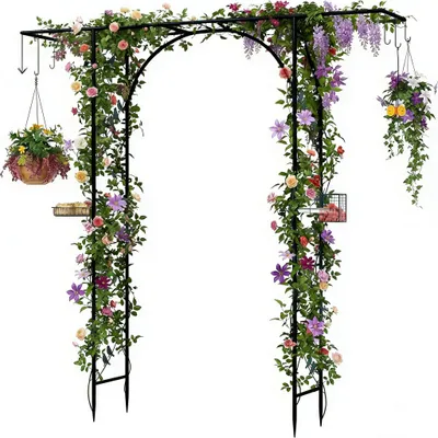 Produktbild von Rosenbogen für Kletterpflanzen, Gartenpergola mit Vogeltränke, Wasserschale & Rankgitter, Gartenbogen mit Haken für Garten, Hof & Hochzeit (Schwarz)