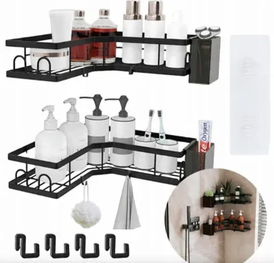Zdjęcie produktu dla 2X Półka Łazienkowa Narożna Wisząca Pod Prysznic Bez Wiercenia Czarna Loft