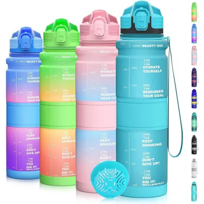 Zdjęcie produktu dla Butelka do picia dla dzieci, 500 ml / 1 l, szczelna, bez BPA, wykonana z tritanu, z motywującym oznaczeniem czasu, w jasnoniebieskim kolorze
