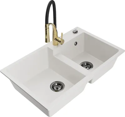 Produktbild von Mexen Tomas 2-Becken-Granitspüle mit Mischbatterie Aster, Weiß - 6516-20-73450-57-B
