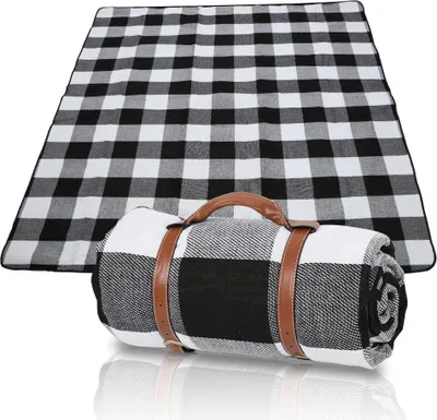 Produktbild von Faziango Picknickdecke Wasserdicht 200x200 cm XXL Outdoor Campingdecke Faltbar mit Tragegriff Blau-Weiß Karo