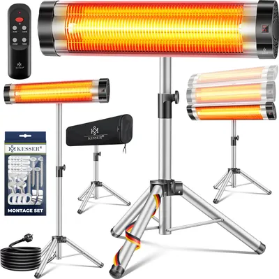A collage of images showing an infrared heater with its accessories and different mounting options.