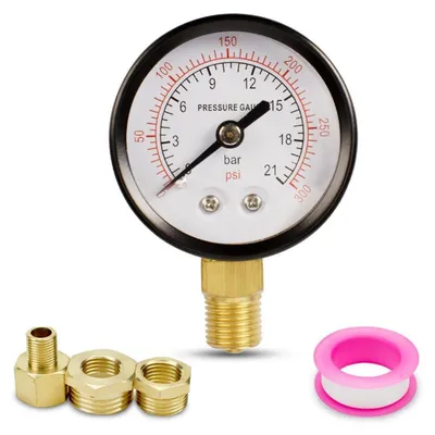 Immagine prodotto di Manometro radiale da 50 mm, scala 0-21 bar / 300 psi, attacco BSP 1/4", in acciaio inossidabile/ottone, completo di accessori