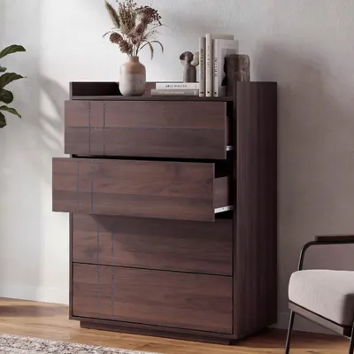 Zdjęcie produktu dla Komoda HWC-P44, kredens, 4 szuflady z mechanizmem push-to-open, MDF 107 x 80 x 40 cm ~ wykończenie imitujące orzech