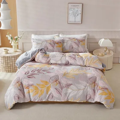 Zdjęcie produktu dla Miękki komplet pościeli z pluszu, 155x220 cm, zimowy, ciepły, w kolorach różowym, żółtym i szarym, 3-częściowy, z zamkiem błyskawicznym