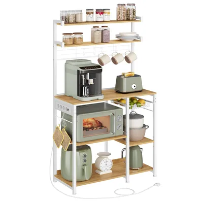 A kitchen rack filled with appliances and food items.