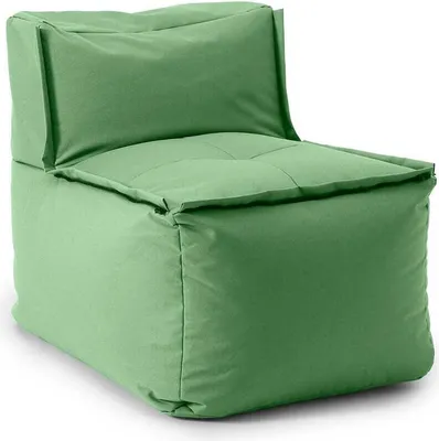 A single green beanbag chair is shown against a white background.