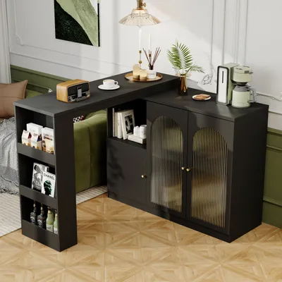 Produktbild von okwish Bartisch Hauptkörper 120 x 40 x 97 cm Moderner ausziehbarer Bartisch (Ausziehbarer Esstisch mit Glas für Esszimmer), für Küche, Wohnzimmer und Esszimmer,Schwarz