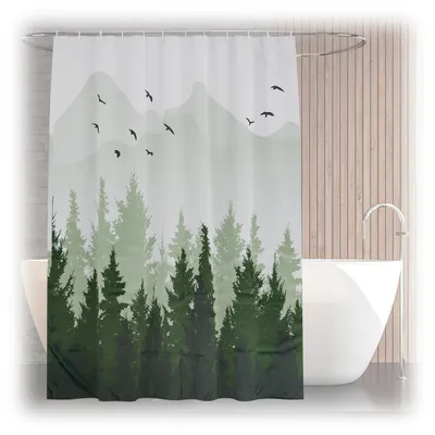 Produktbild von Duschvorhang mit Kiefernwaldmotiv, Badezimmervorhang 180 x 200 cm, schimmelresistent, waschbar, 12 Ringe, mehrfarbig