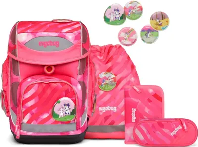A collection of pink school supplies including a backpack, a drawstring bag, a pencil case, and a pouch, all with a striped pattern and unicorn motifs.