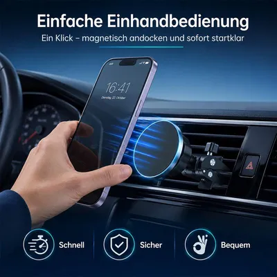 Produktbild von Magnet Handyhalterung Auto, 16 Magnete, 360° drehbar, Lüftungsclip, Twist-Lock – für iPhone 17/16/15/14/13/12