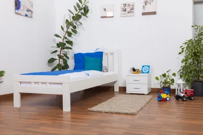 Produktbild von Bettrahmen für Kinder / Kinderbett 90 x 200 cm | Massivholz: Buche | Weiß Lackiert | besonders hohe Qualität