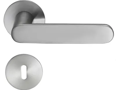 A modern, brushed stainless steel door handle set with a flat rosette and a matching keyhole escutcheon, presented against a plain white background.
