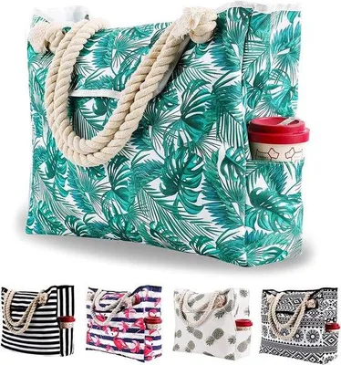 Image de Grand sac de plage en toile pour femmes et hommes - Sac de courses avec fermeture magnétique, sac à bandoulière pour la piscine et le sport avec anses en coton - 52,3 x 45,7 x 15 cm