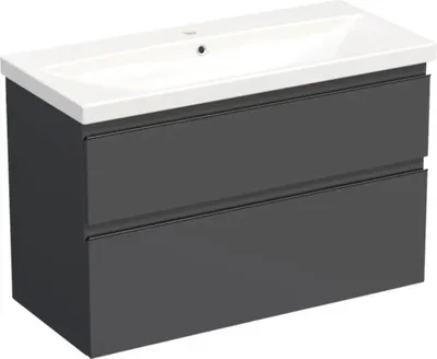 Produktbild von Jungborn Waschplatz TRENTA BxHxT 100x65x45 cm anthrazit matt mit Keramik-Waschtisch Griffleiste schwarz