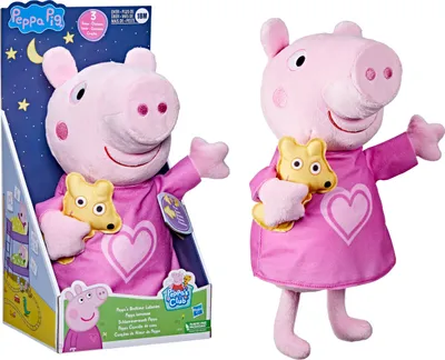 A product shot and its packaging for a Peppa Pig plush toy.