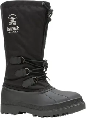 A black winter boot on a white background.