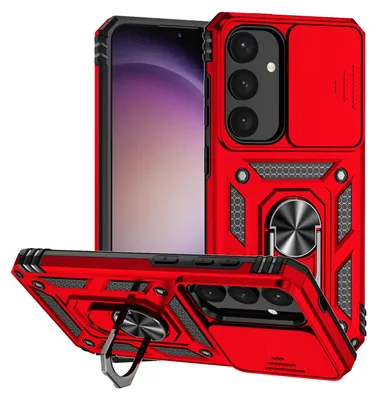 Immagine prodotto di Custodia per Samsung Galaxy S24+ a doppio strato con copertura scorrevole della fotocamera e supporto ad anello rosso