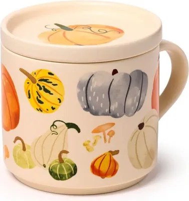 Zdjęcie produktu dla Zestaw porcelanowy kubek z pokrywką - z motywem jesiennych zbiorów