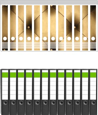 Produktbild von Wallario 12 Stück schmale Ordner inkl. Klebeetiketten mit Motive Goldene Ledertür -  Set mit Rückenschildern / Ordnerrücken Stickern