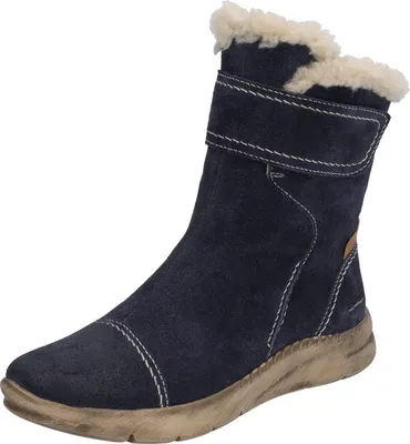 A single blue boot with white stitching and a fluffy white lining is shown against a white background.
