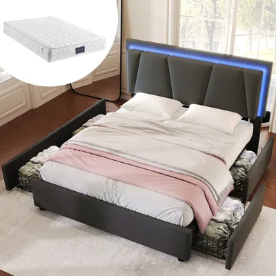 Produktbild von MODFU Polsterbett Funktionelles 160 x 200 cm mit LED-Beleuchtung und Höhenverstellbarem Kopfteil, Doppelbett Stauraumbett mit 4 Schubladen, Leinenstoff Grau(Mit Matratze)