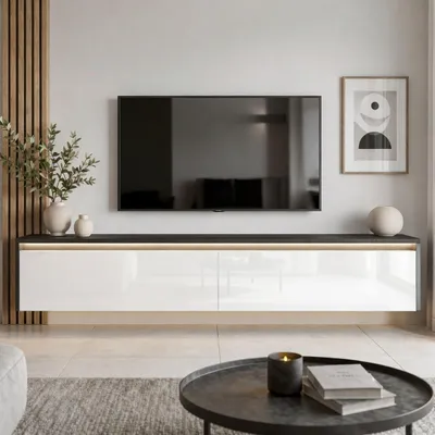 Produktbild von Modernes TV-Lowboard LUMI 170 cm, Schwarz matt / Weiß Hochglanz, Hängender Fernsehschrank mit LED-Beleuchtung & Push-to-Open