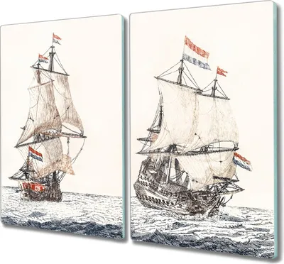 Produktbild von Coloray Schneidebrett Herdabdeckplatte 2x30x52 cm Kochplattenabdeckung Küchenbrett Hackbrett - Meereswellen Schiffe