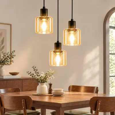 Immagine prodotto di Lampada a sospensione ZMH, vetro, 3 luci, rotonda, attacco E27, stile retrò, nera. Lampada a sospensione per sala da pranzo, stile industriale, ideale per tavoli da pranzo