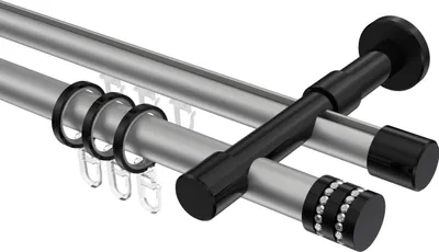 Produktbild von Interdeco Rundrohr-Innenlaufstange / Gardinenstange (Kombination) Silbergrau / Schwarz, Typ Prestige Estana (Glitzerkappe), 20 mm Ø 2-läufig, 180 cm