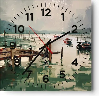 Produktbild von Wanduhr - Quadrat - Glasuhr - Boot Ufer Brücke - 40x40cm - Schleichendes Uhrwerk - Lautlos - zum Aufhängen bereit - Dekoration Modern - Wanddekoration aus Glas - C4AC40x40-3829