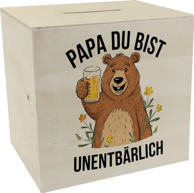 Produktbild von Bär mit Bier PAPA du bist UNENTBÄRLICH Spardose aus Holz Vatertagsgeschenk