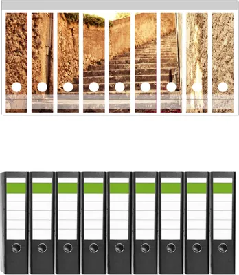 Produktbild von Wallario 9 Stück breite Ordner inkl. Klebeetiketten mit Motive Steinerne Treppe in Italien -  Set mit Rückenschildern / Ordnerrücken Stickern