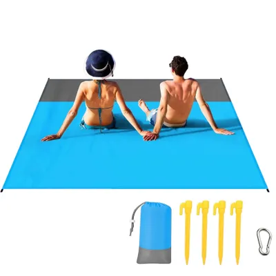 Produktbild von Wasserdichte Strandmatte 210 x 200 cm,Stranddecke Sandfrei Super Groß,Mit 4 Verbindungsecken für den Strand, Wandern, Campen und Outdoor (Blau/Grau)