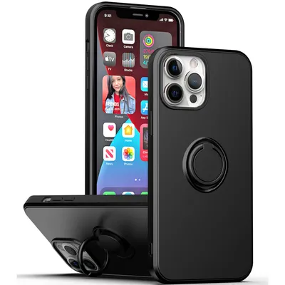 Obrázek produktu pro Pouzdro pro iPhone 14 odolné proti poškrábání, měkký silikon pouzdro s prstencovým držákem a stojánkem černé