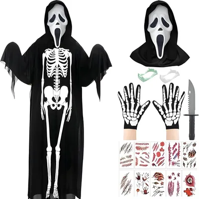 Produktbild von Kinderkostüm zu Halloween Skelett Verkleidung mit Maske Schwarz 90 cm