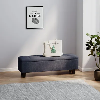 Produktbild von Sitzbank mit Stauraum, gepolstert Leinenoptik, getuftetes Design, Bettbank Flurbank, Dunkelgrau | 138 x 40 x 45 cm | bis 220 kg | Kautschukholzbeine