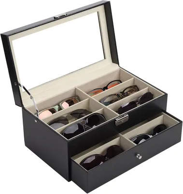 Produktbild von Kunstleder Brillen Organizer – 12 Fächer Brillenbox für Mehrere Brillen – Brillen Box Verschließbar mit 2 Ebenen & Schubladen für Sonnenbrille, Brillen, Schmuck