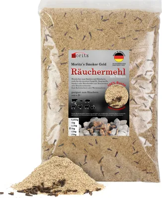 A bag of smoking wood chips with cloves, with a pile of the product in the foreground.