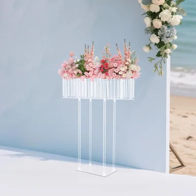Image de Porte-fleurs en cristal - Porte-fleurs de mariage - Colonne carrée en acrylique - Centre de table - Décoration pour fêtes et événements