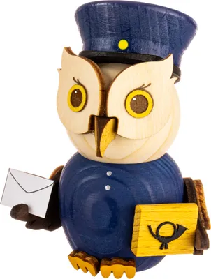 Produktbild von Drechslerei Kuhnert - Mini-Eulen aus Holz - Postbote - ca. 7 cm groß - als Dekoration oder Geschenk geeignet