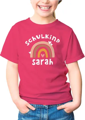 Produktbild von Kinder Mädchen T-Shirt Einschulung mit Namen Regenbogen Aufdruck Schulkind personalisiert Schulanfang Moonworks® pink 110-116 (5-6 Jahre)