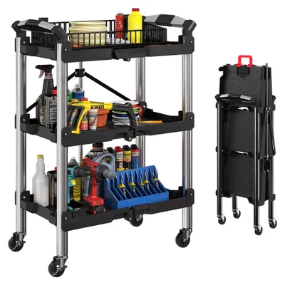 Image de Chariot d'atelier HOMCOM à 3 niveaux, pliable, avec poignée, noir