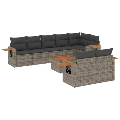 Produktbild von Modulares Garten-Sofa Set, 9-teilig, mit Akazienholz-Tisch & klappbaren Ablagen, Poly Rattan Grau, UV-beständig, abnehmbare Kissenbezüge Dunkelgrau