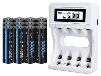 Obrázek produktu pro Dobíjecí NiMH baterie, kapacita 3000 mAh, kompatibilní se zařízeními na baterie typu AA, 12 kusů AA a 1 nabíječka
