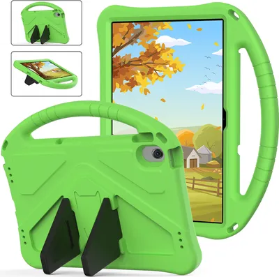 A collage of images showing a green tablet case with a handle and stand, designed for children.