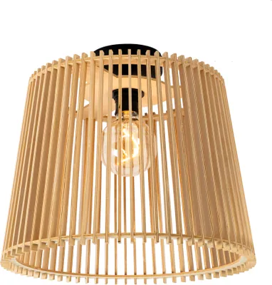 A close-up shot of a wooden ceiling lamp with a vintage design.