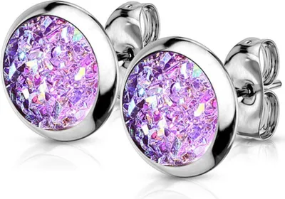Produktbild von Druzy Ohrstecker: Runde Glitzer Ohrringe aus Edelstahl Steel / Purple