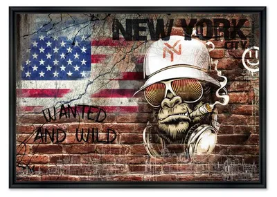 Image de Cadre en bois avec impression en PVC vernis "Gorilla NYC" - Noir - 40 x 60 cm - Collection Rubix