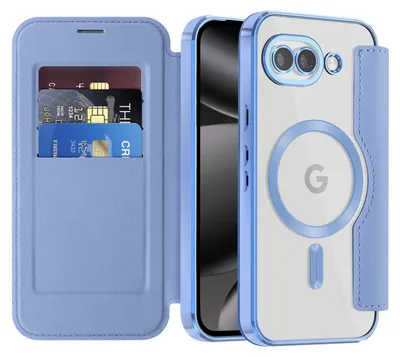 Obrázek produktu pro Pouzdro pro Google Pixel 10A kompatibilní s MagSafe, průhledné pouzdro s držákem karet, kožené pouzdro s ochranou kamery Světle modrá